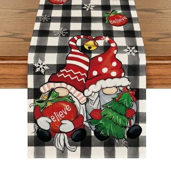 Charcoal Gray Buffalo Plaid Gnome Christmas Tree Table Runner 13x120 - Picture 4 of 6